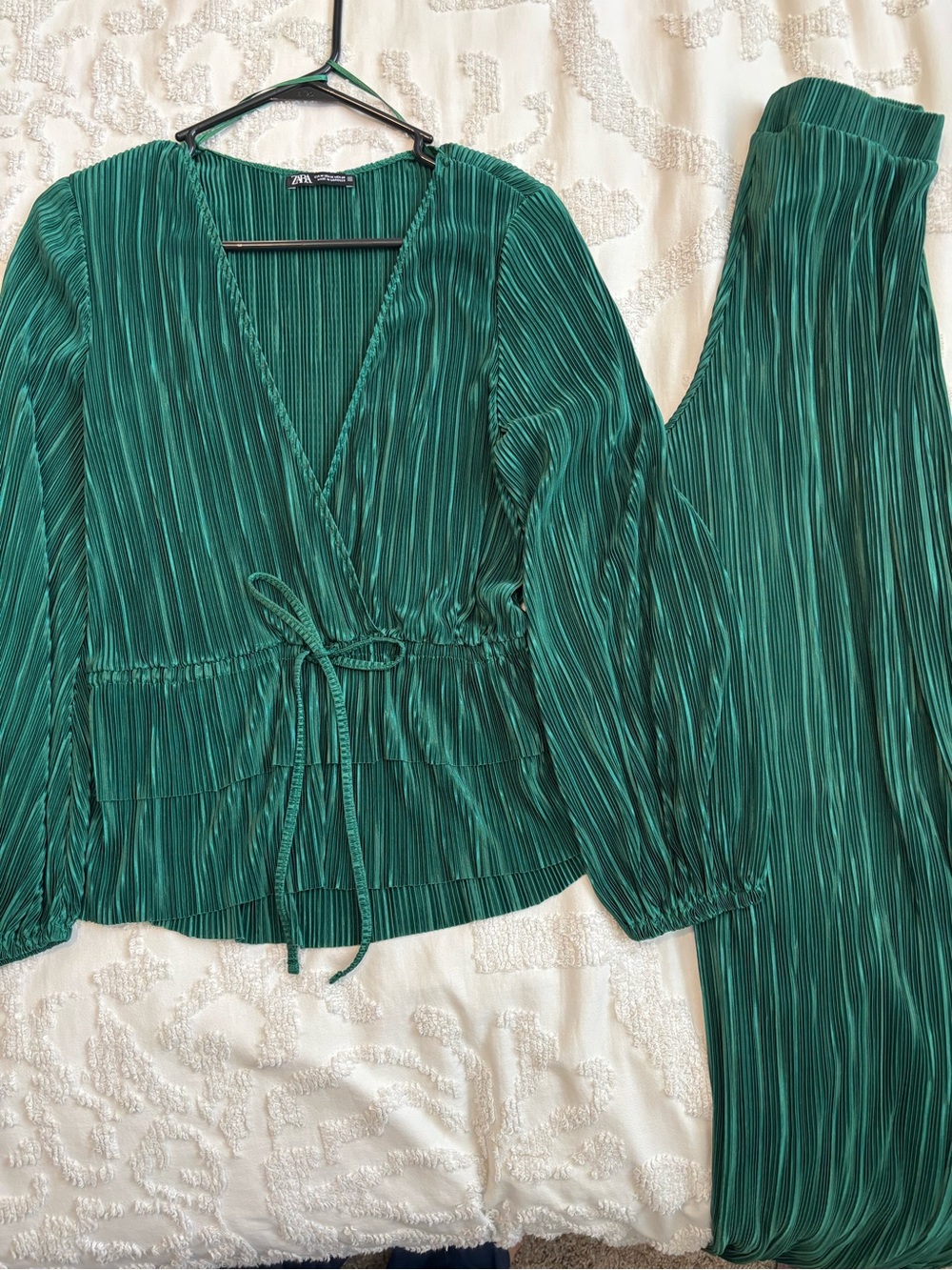 Zara Emerald Green Pleated Wrap Top & Wide-Leg Pants